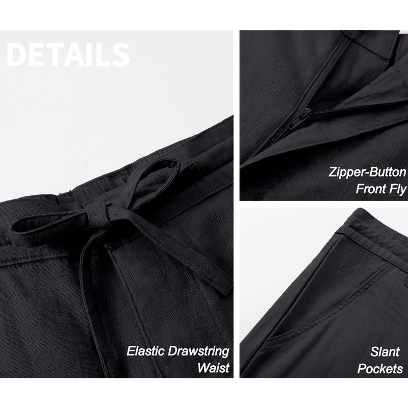 Janmid Men Casual Beach Trousers Linen Summer Pants Black 2XL - Image 4
